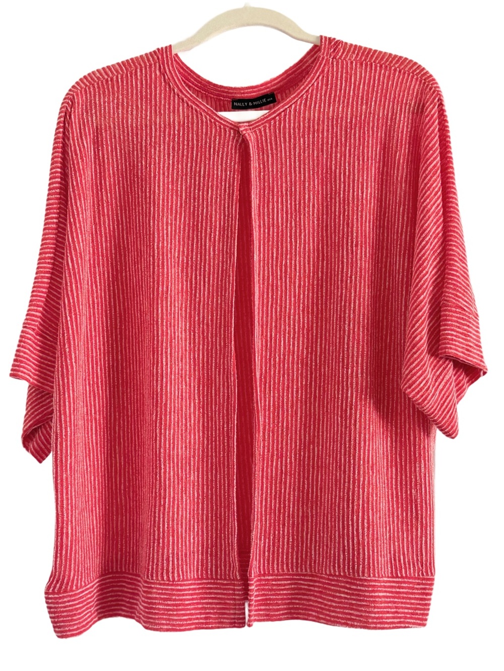 Nally & Millie Red and White Striped Open-Front Knit Top Cardigan L/XL